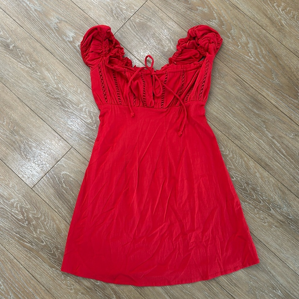 Red, mini dress with cap sleeves. Free People fits like a medium.